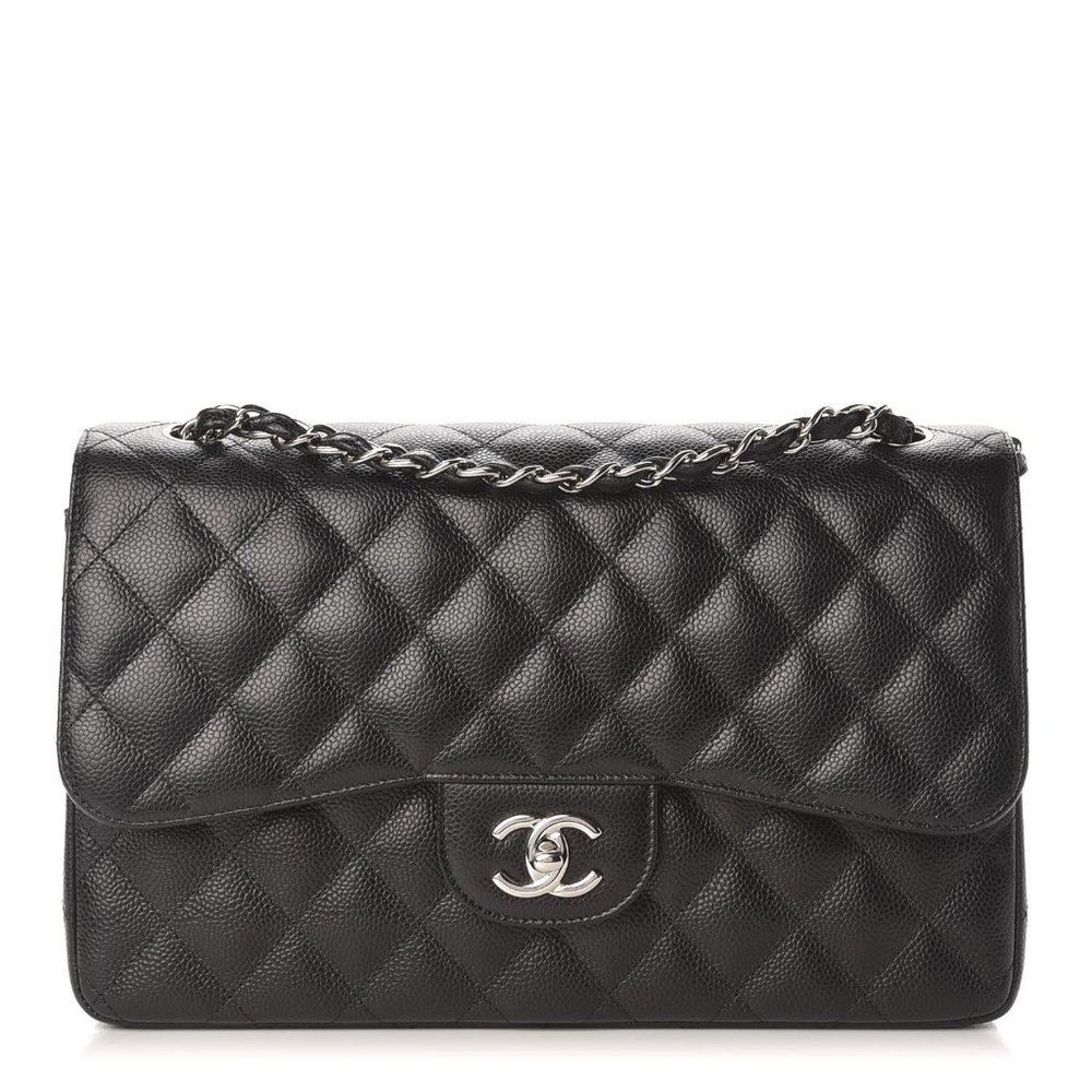 CHANEL Caviar Quilted Jumbo Double Flap in Black with silver hardware